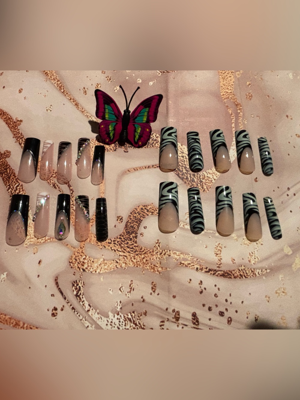 TWO SETS Custom Nude and Black Press-On Nail Sets Rhinestone & Zebra Designs $16